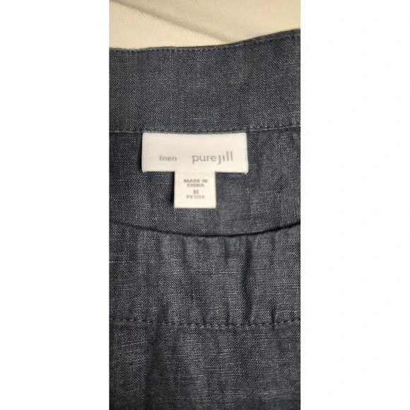 Pure Jill Petite M Black/Blue‎ Linen Blend Dress Short Sleeve Summer Tropical - Picture 2 of 4